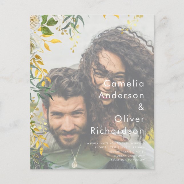 Budget PHOTO OVERLAY Leaves Wedding Invite QR Code Flyer (Front)