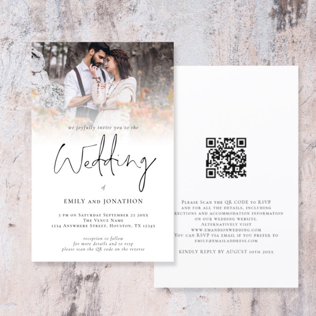 Budget Photo Overlay QR Code Script Wedding Invite (Front and back view. Larger size budget price alternative)