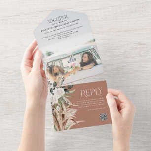 Budget photo pampas eucalyptus wedding QR code All In One Invitation