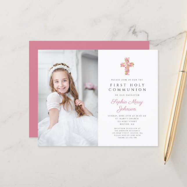 Budget Photo Pink Floral Cross First Communion (Front/Back In Situ)