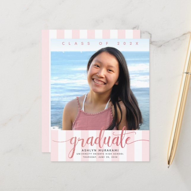 Budget photo pink glitter script graduation invite (Front/Back In Situ)