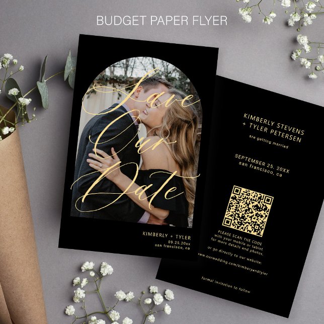 Budget photo QR code gold black wedding save date Flyer (Creator Uploaded)