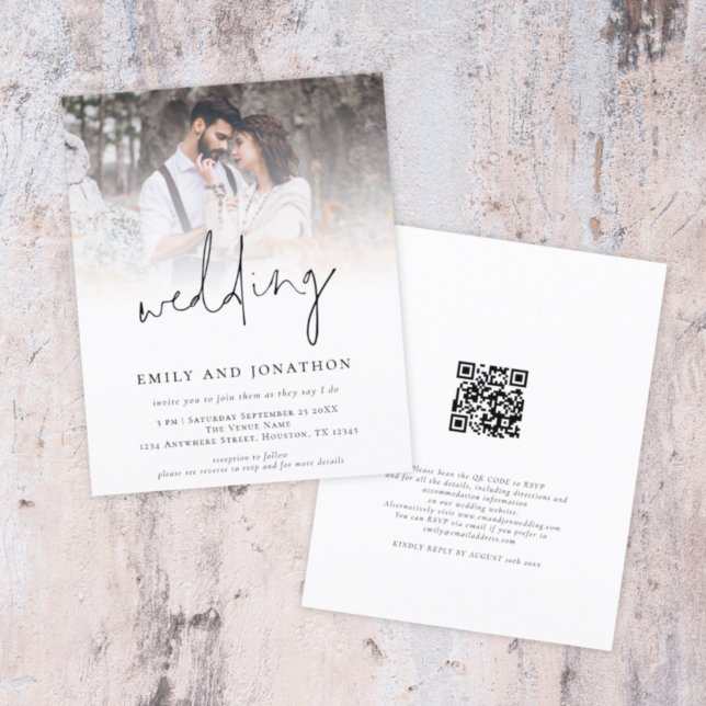 Budget Photo QR Code Modern Script Wedding Invite (Front and back view. Smaller size, budget priced alternative)