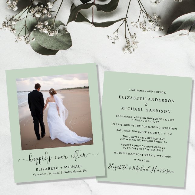 Budget Photo QR Code Sage Wedding Reception Invite (Creator Uploaded)
