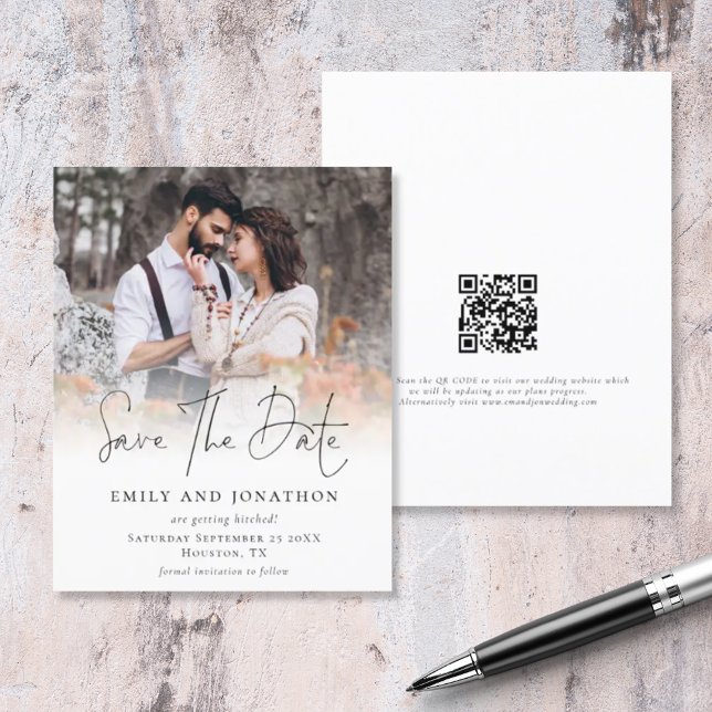 Budget Photo QR Code Script Wedding Save The Date (Front and back view. A smaller budget price alternative. Part of a larger matching wedding suite)