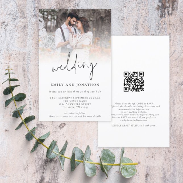 Budget Photo QR Informal Script Wedding Invite (Front and back view. Larger size budget price alternative. Part of a matching wedding collection)