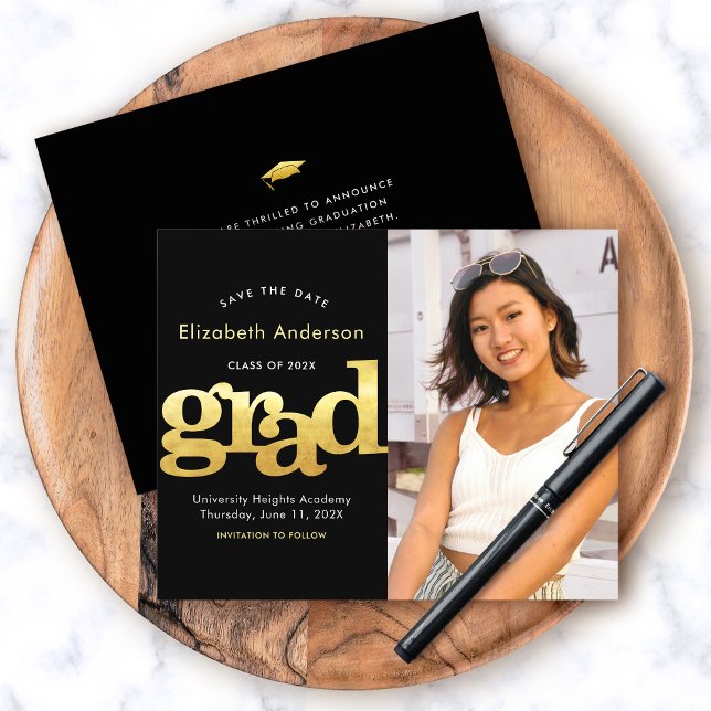 Budget Photo Save Date Black Gold Graduate Invite (Creator Uploaded)