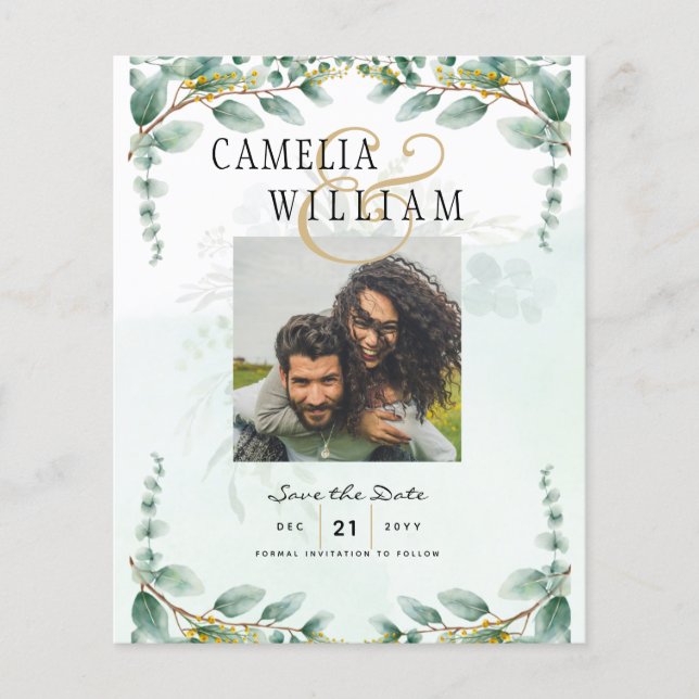 BUDGET PHOTO SAVE DATE Eucalyptus GOLD QR CODE Fly Flyer (Front)