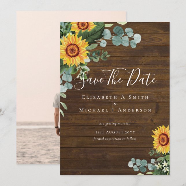 BUDGET  Photo Save Date Rustic SUNFLOWERS Greenery (Front/Back)