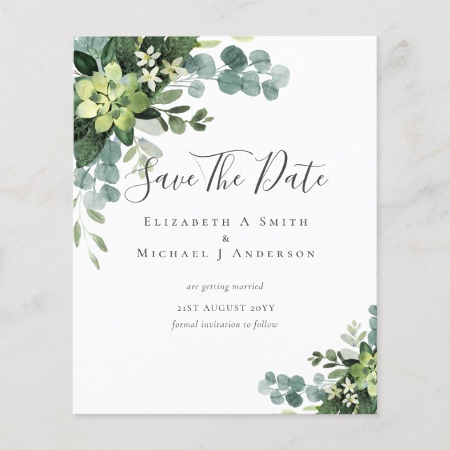 BUDGET Photo Save Dates Eucalyptus Greenery Leaves Flyer (Front)