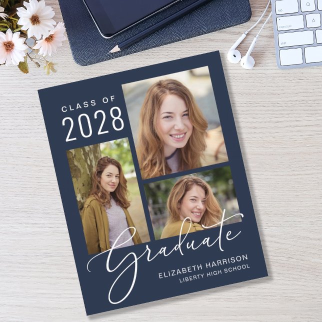 Budget Photo Script Blue Graduation (An elegant photo collage graduation announcement to celebrate the graduate's achievements)
