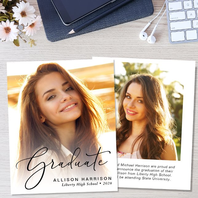Budget Photo Script Graduation Announcement (An elegant photo graduation announcement to celebrate the graduate's achievements)