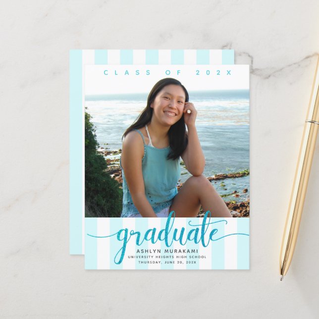 Budget photo turquoise script graduation invite (Front/Back In Situ)