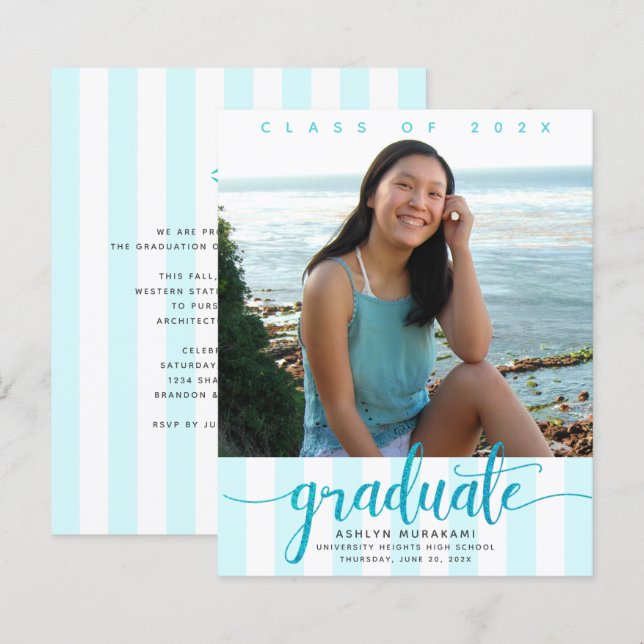 Budget photo turquoise script graduation invite (Front/Back)