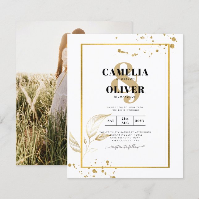Budget Photo Wedding Invitation Classic White GOLD (Front/Back)