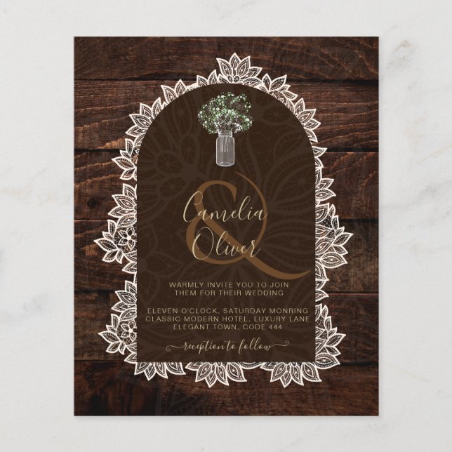BUDGET Photo Wedding Invitation Rustic Wood Lace Flyer (Front)