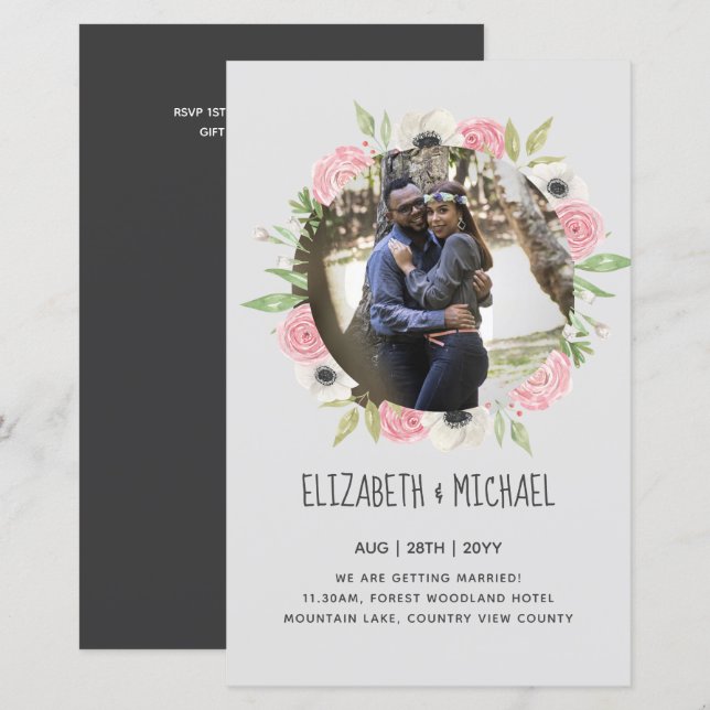 BUDGET PHOTO WEDDING INVITES - Floral Wreath (Front/Back)