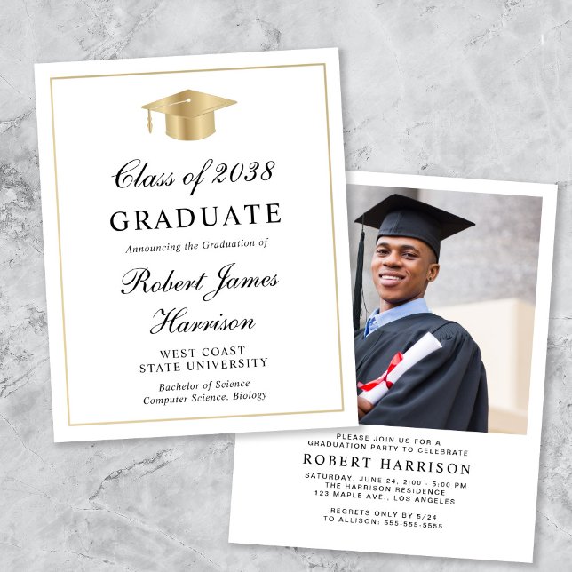 Budget Photo White Gold Graduation Party Invite (An elegant college graduation party invitation to celebrate the graduate's achievements)