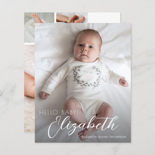 Budget Photo White Script Birth Announcement (Front/Back)