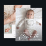 Budget Photo White Script Birth Announcement<br><div class="desc">Small elegant vertical 4.5" x 5.6" birth announcements feature your favourite newborn photo and your baby's name in chic lettering on the front and three photos, birth stats and your names on the back. **TIP: You may want to size the 2 square photos on the back BEFORE uploading them for...</div>