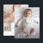 Budget Photo White Script Birth Announcement<br><div class="desc">Small elegant vertical 4.5" x 5.6" birth announcements feature your favourite newborn photo and your baby's name in chic lettering on the front and three photos, birth stats and your names on the back. **TIP: You may want to size the 2 square photos on the back BEFORE uploading them for...</div>