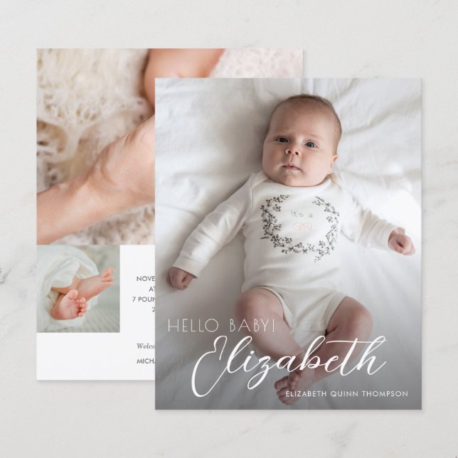 Budget Photo White Script Birth Announcement (Front/Back)
