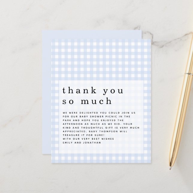 Budget Picnic Baby Shower Blue Gingham Thank You (Front/Back In Situ)