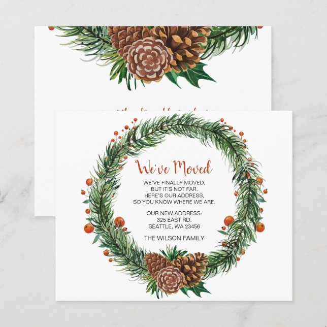 Budget Pine Cone Wreath Weve Moved Holiday Card (Front/Back)