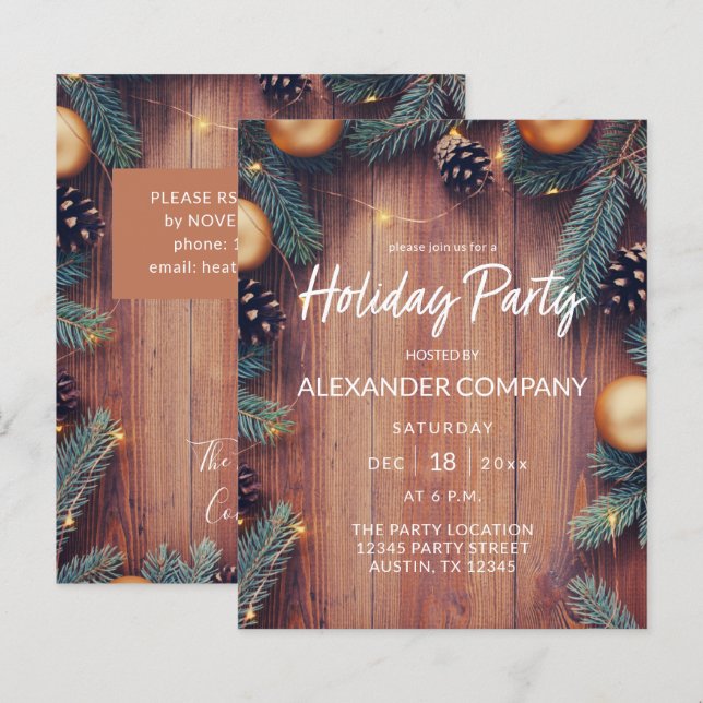 Budget Pine & Gold Ornament Rustic Holiday Party (Front/Back)