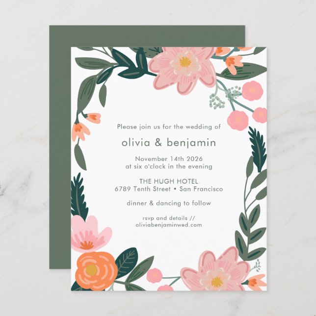 Budget Pink Backyard Garden Flowers Wedding Invite (Front/Back)