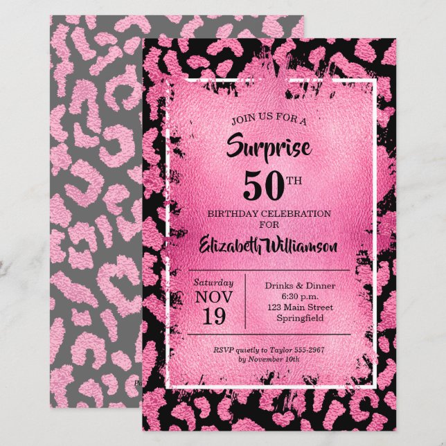 Budget Pink Black Leopard Birthday Invitations (Front/Back)