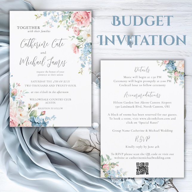 Budget Pink & Blue Floral Elegant Wedding Invitation (Creator Uploaded)