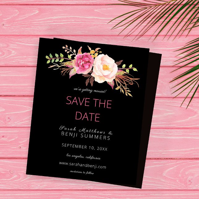 Budget Pink Blush Floral Save the Date - Black (Creator Uploaded)