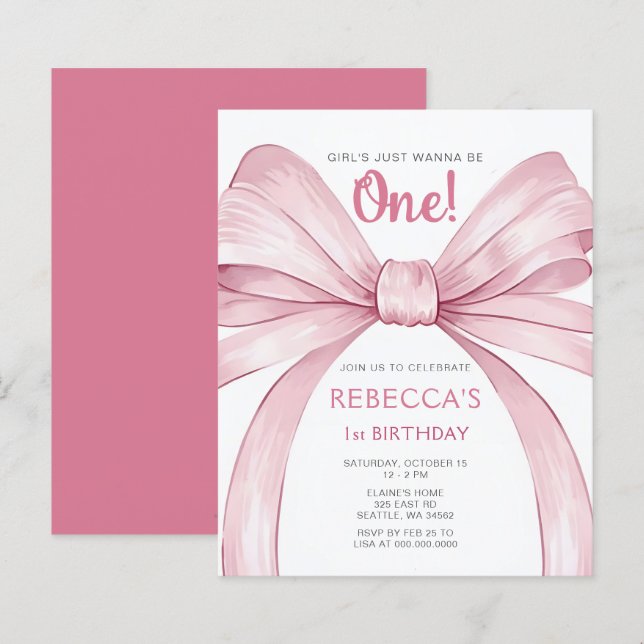 Budget Pink Bow Coquette First Birthday Invitation (Front/Back)