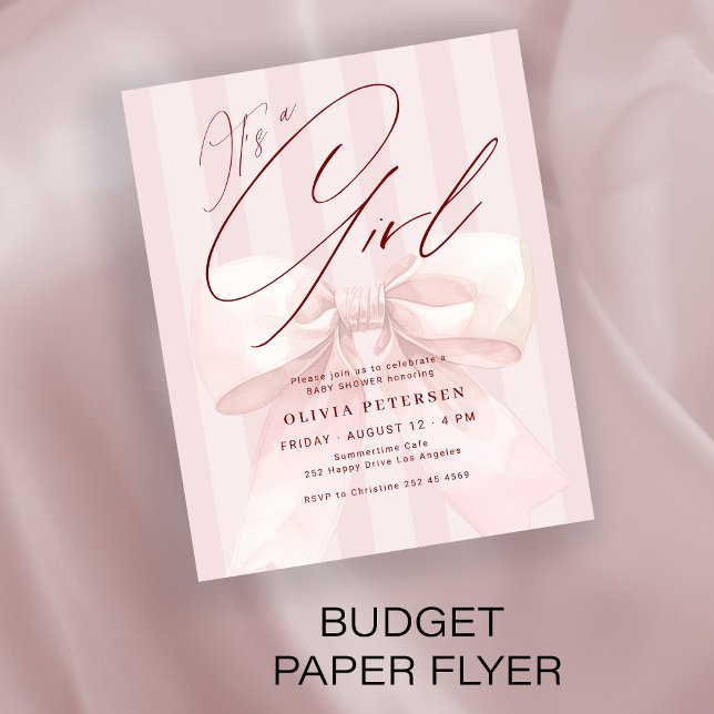 Budget pink bow its a girl baby shower invitation flyer (Creator Uploaded)