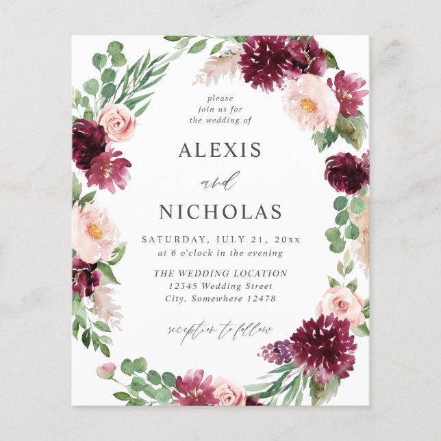 Budget Pink & Burgundy Floral 7 Wedding Flyer (Front)