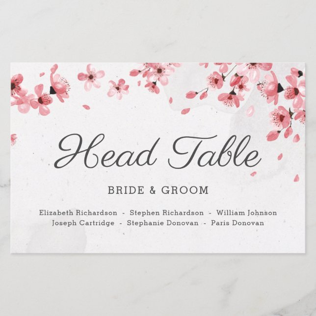 Budget pink cherry blossom head table card (Front)