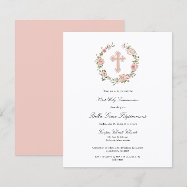 Budget Pink Cross Wreath First Communion Invite (Front/Back)