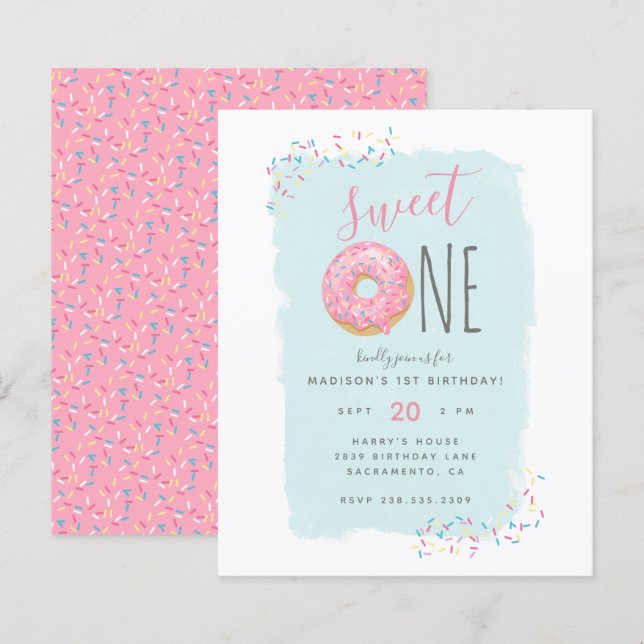 Budget Pink Doughnut Sprinkle Sweet 1st Birthday (Front/Back)