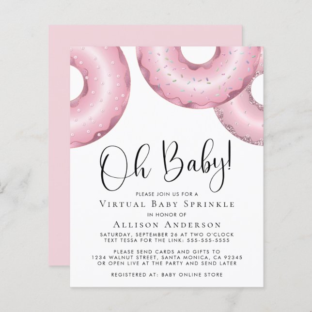 Budget Pink Doughnuts Virtual Baby Sprinkle Invite (Front/Back)