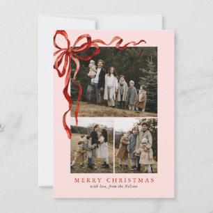 Budget Pink Elegant Red Bow Christmas Four Photo Holiday Card