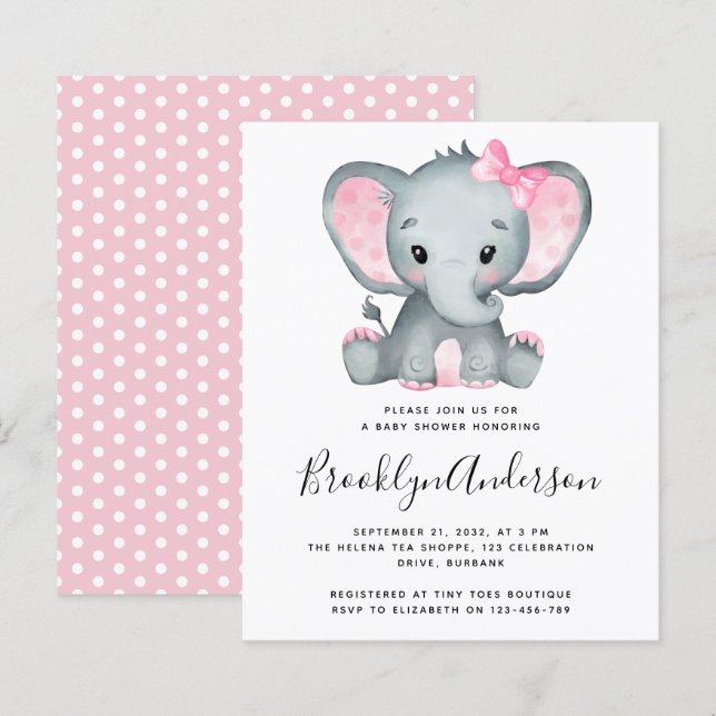 BUDGET Pink Elephant Baby Shower Invitation (Front/Back)