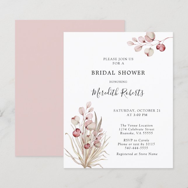 Budget Pink Eucalyptus Palm Bridal Shower Invite (Front/Back)