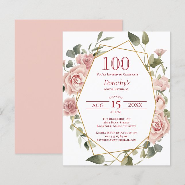 Budget Pink Floral 100th Birthday Invitation (Front/Back)
