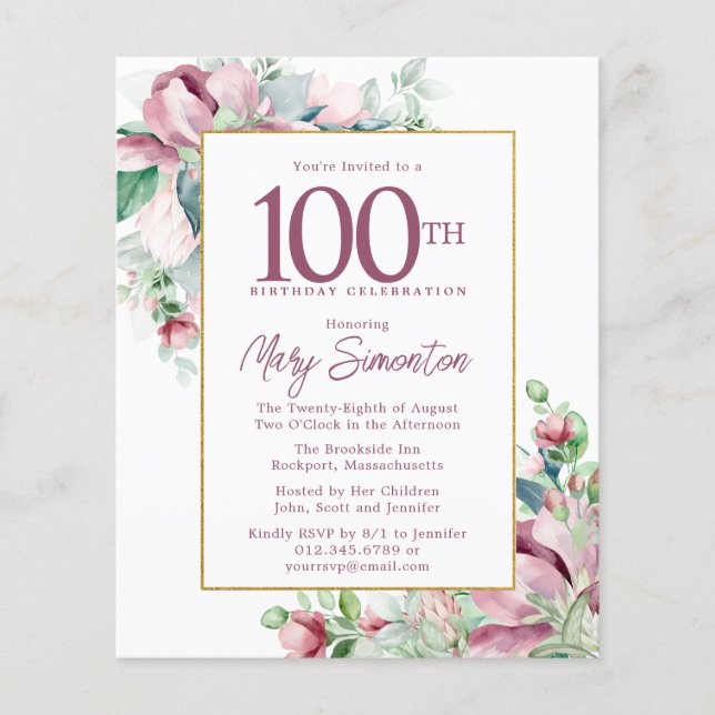 Budget Pink Floral 100th Birthday Invitation (Front)