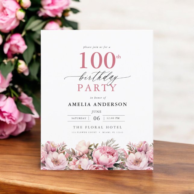 Budget Pink Floral 100th Birthday Invitation Flyer (Creator Uploaded)