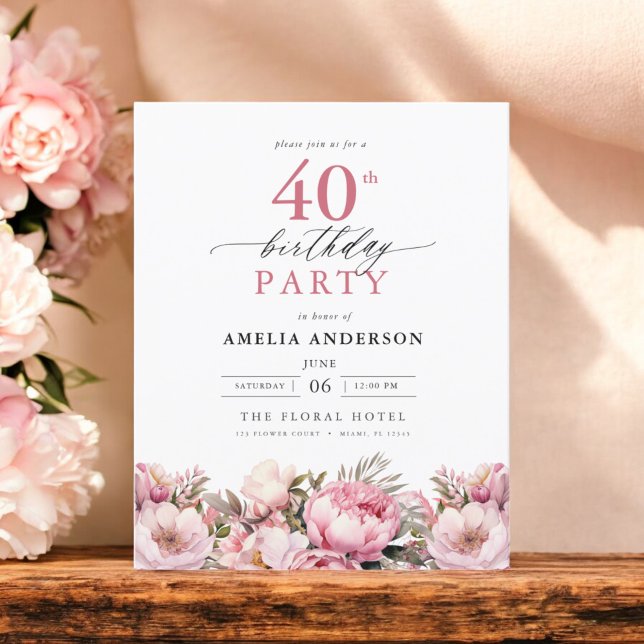 Budget Pink Floral 40th Birthday Invitation (Creator Uploaded)