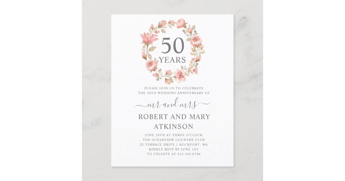 Budget Pink Floral 50th Anniversary Invitation | Zazzle