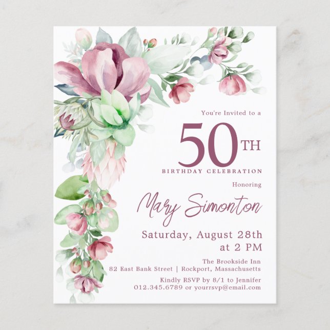 Budget Pink Floral 50th Birthday Invitation (Front)