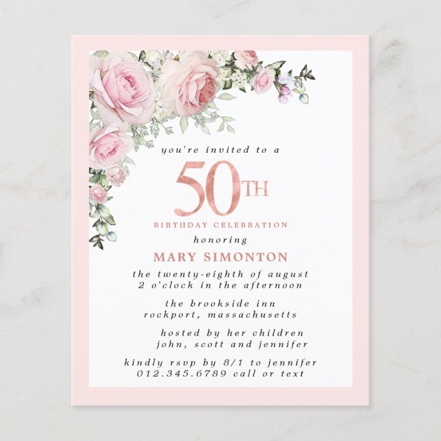 Budget Pink Floral 50th Birthday Invitation (Front)